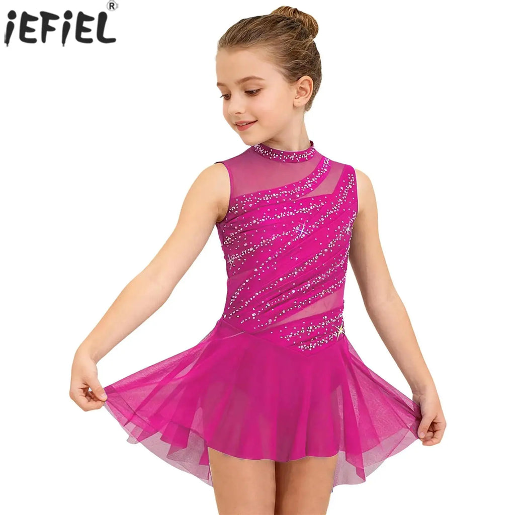 Kids Girls Lyrical Dance Dress Shiny Rhinestone Sleeveless S