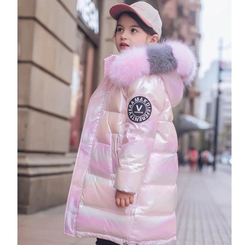 5-14 Years Old Winter Boys Girls Jacket Long Style Hooded Fu