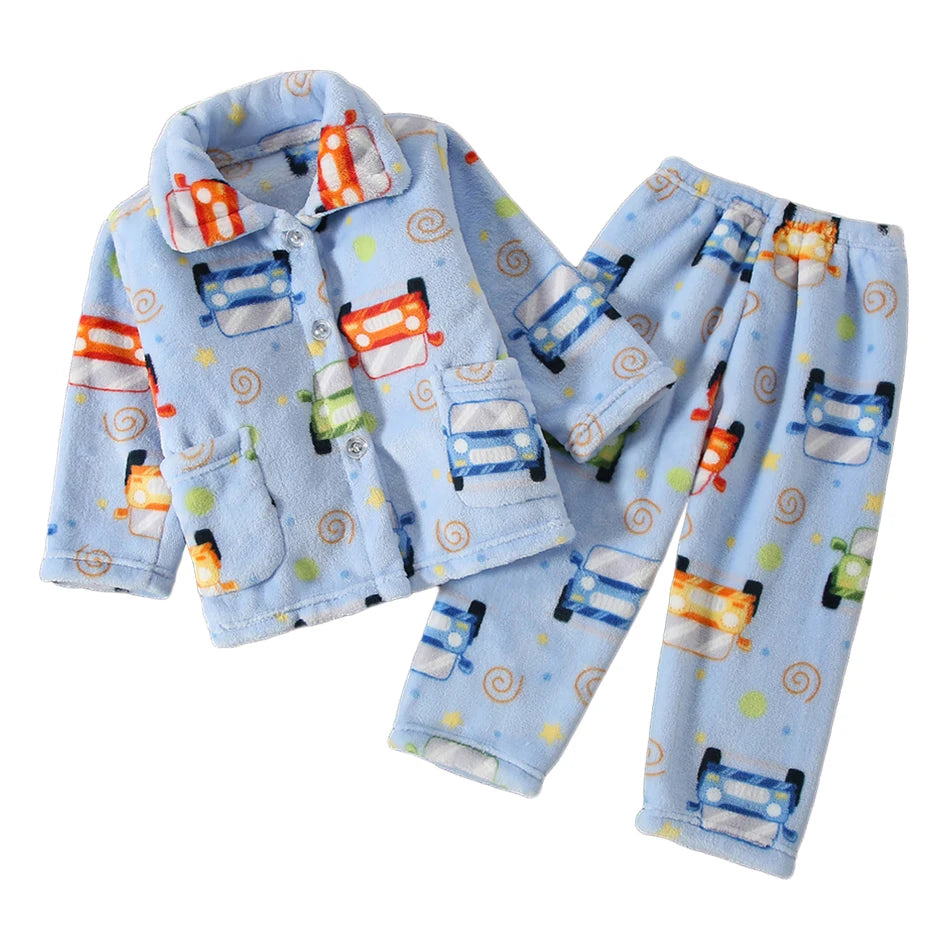 Cute Cartoon Pattern Coral Fleece Flannel Pajama Sets for Bo