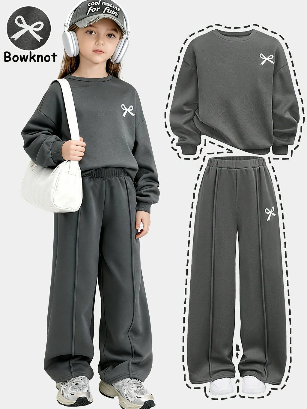 Girls' casual two-piece set: grey bow-accented sweatshirt an