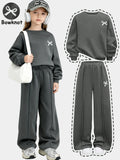 Girls' casual two-piece set: grey bow-accented sweatshirt an