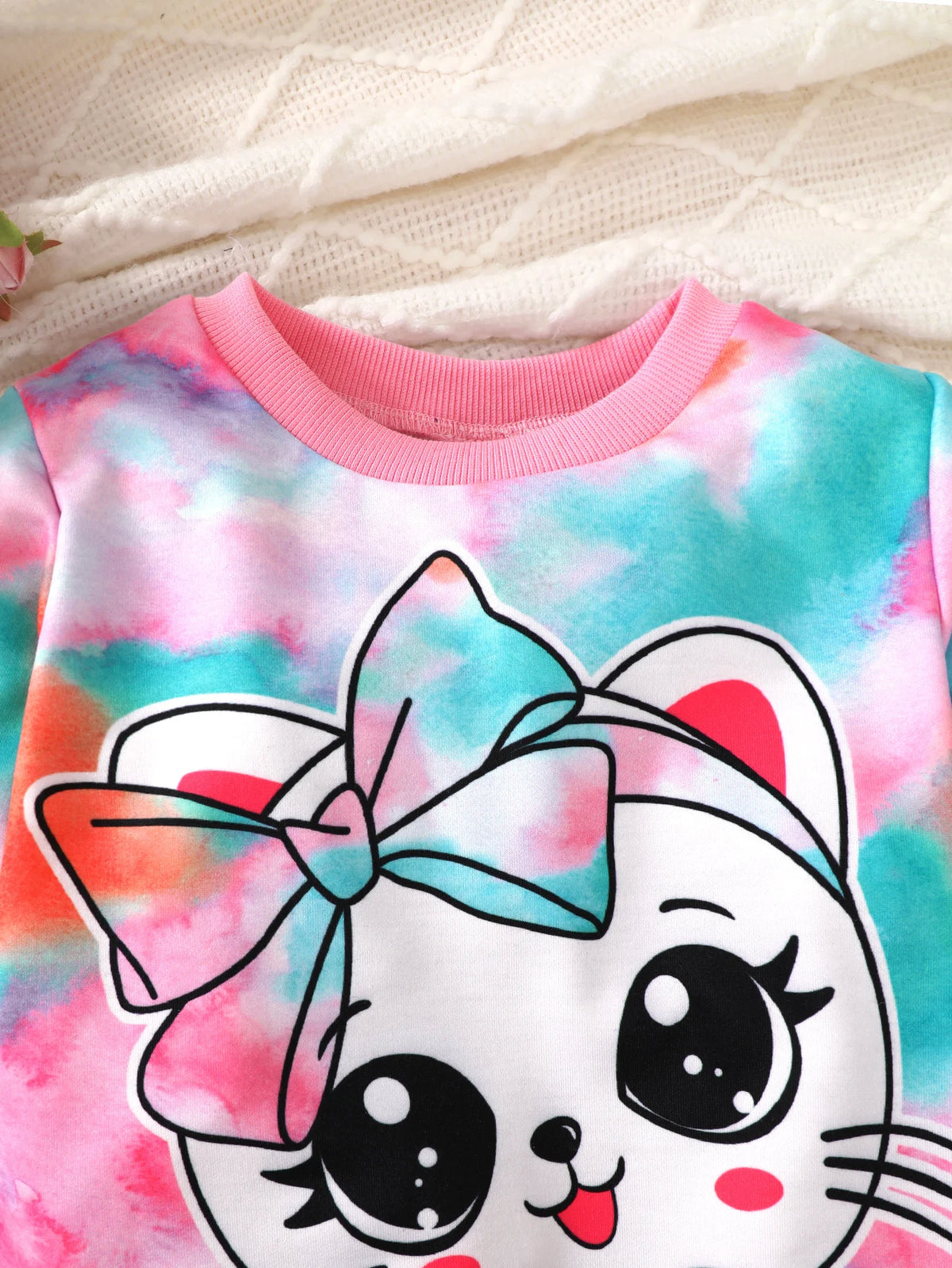 4-7 Year Girls' Set Round Neck Cartoon Cute Kitten tie-dye L