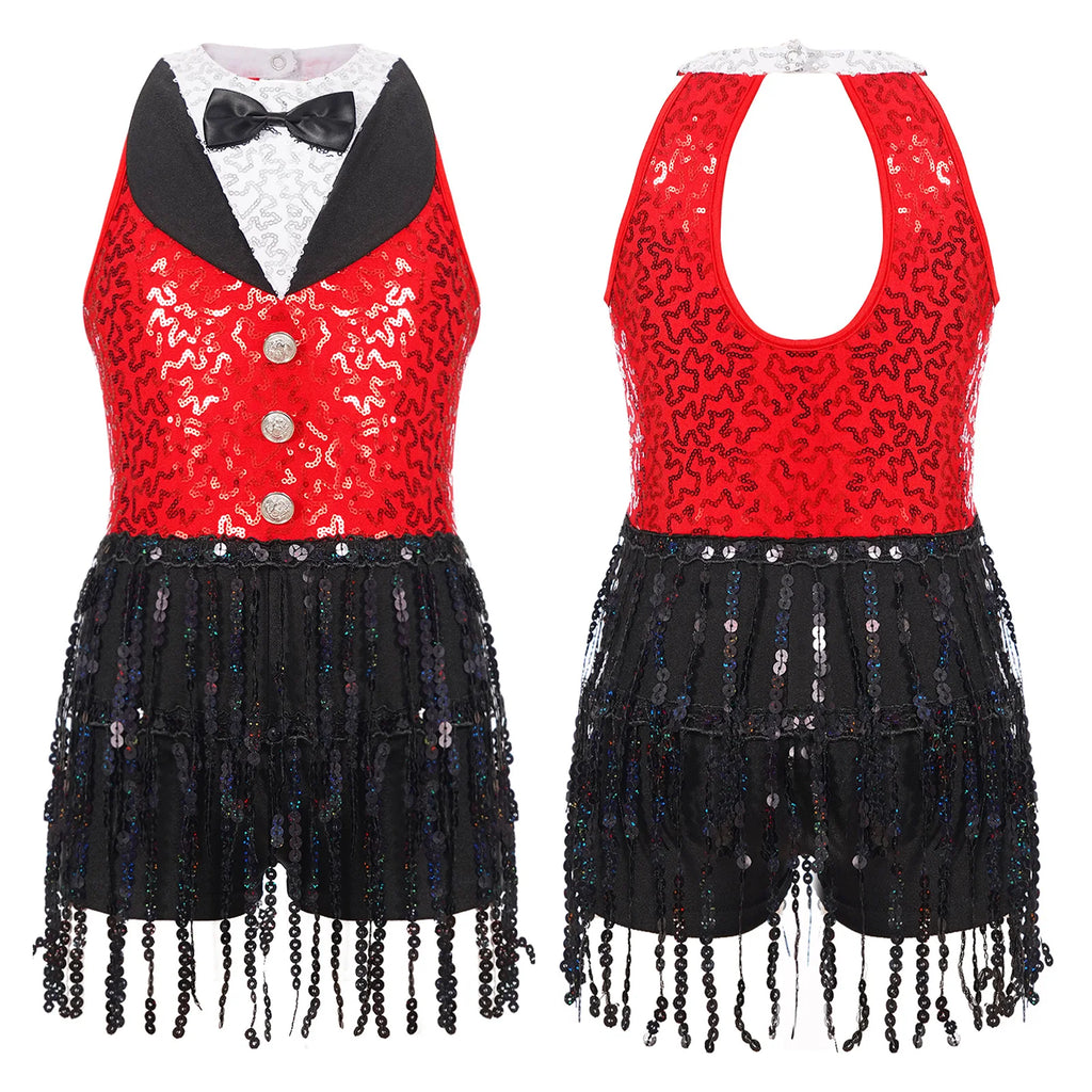 Kids Girls Sequins Tassel Dance Dress Sleeveless Back Keyhol