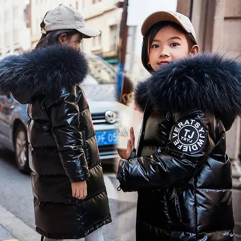 5-14 Years Old Winter Boys Girls Jacket Long Style Hooded Fu