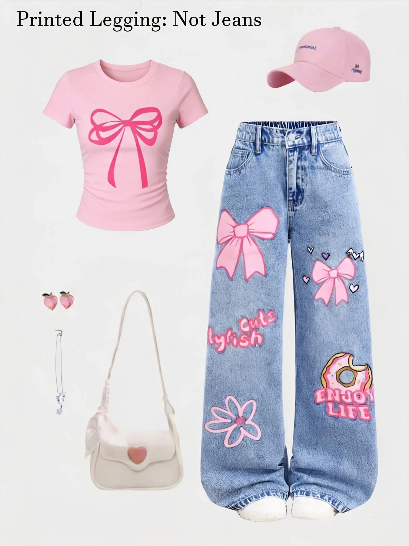 Girls' Y2K Style 2-Piece Set: Pink Bow-Print Slim-Fit Croppe