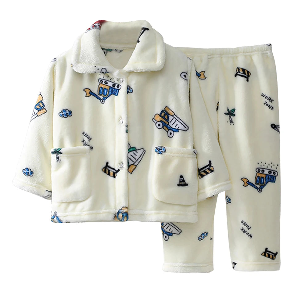 Cute Cartoon Pattern Coral Fleece Flannel Pajama Sets for Bo