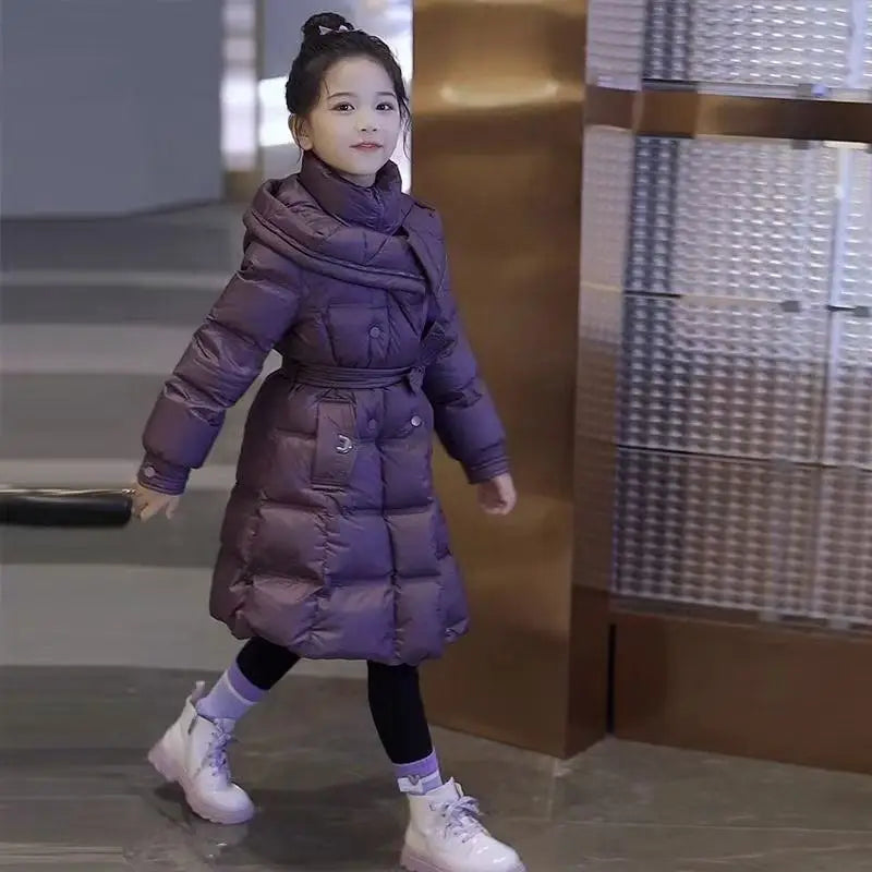 -30℃ Long Style Girls Jacket Winter Solid Color Thick Warm H