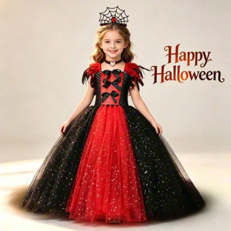 Kids' Long Sequin Tulle Dress Set in Red and Black,Queen Dre