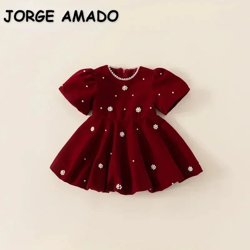 Autumn Winter Kids Girl Dress Beading Round Collar Puff Shor