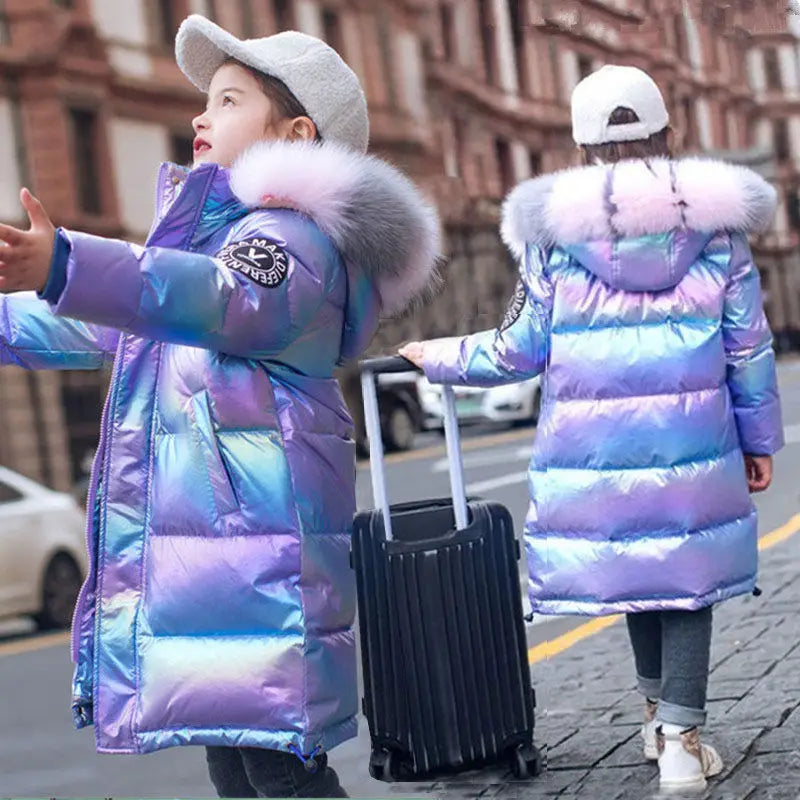 5-14 Years Old Winter Boys Girls Jacket Long Style Hooded Fu