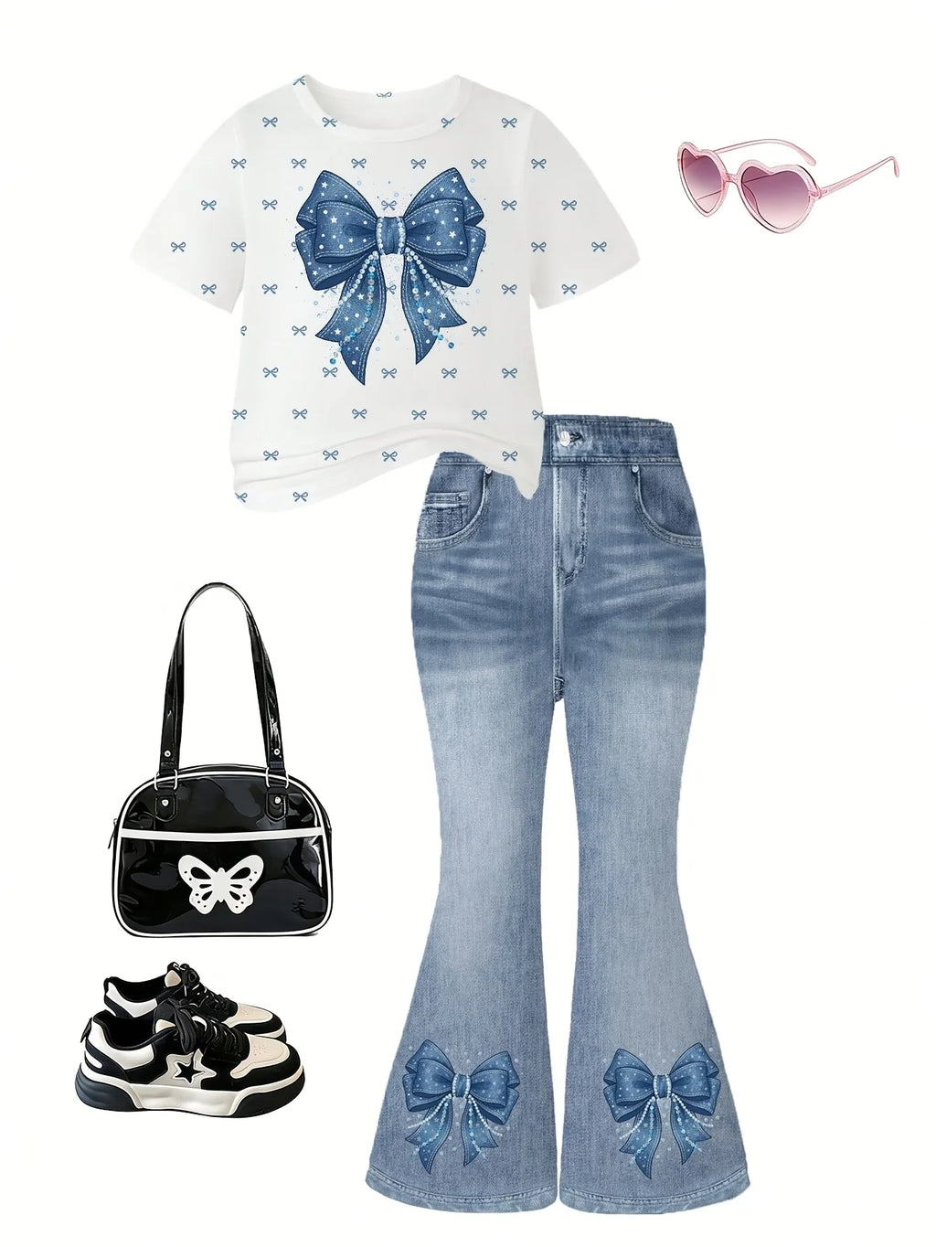2-Piece Set for Girls: Faux-Denim Print Bow-Accented Short-S