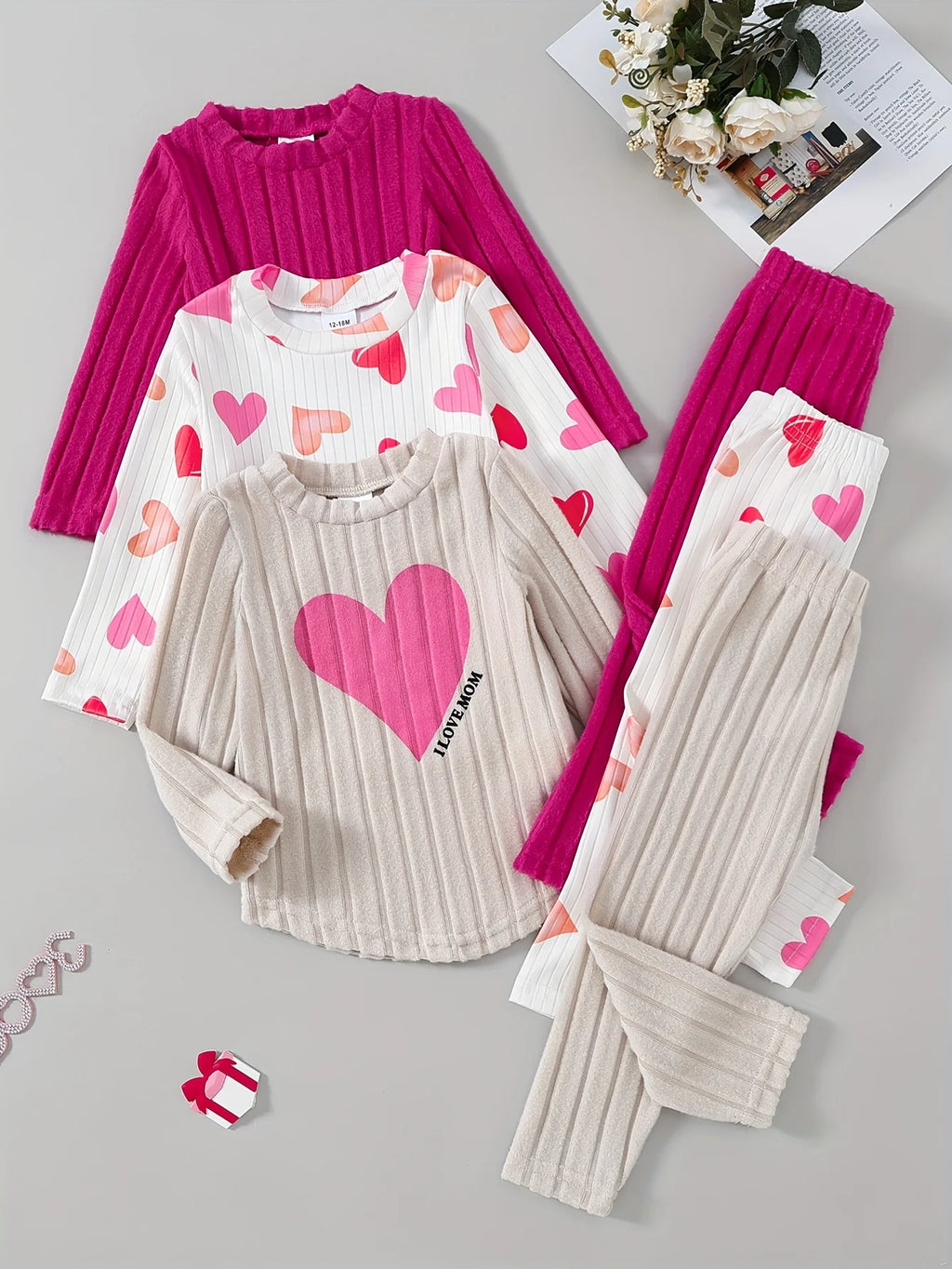 Baby Girl Autumn Winter 3PCS Set Cute Heart Print Ribbed Fab
