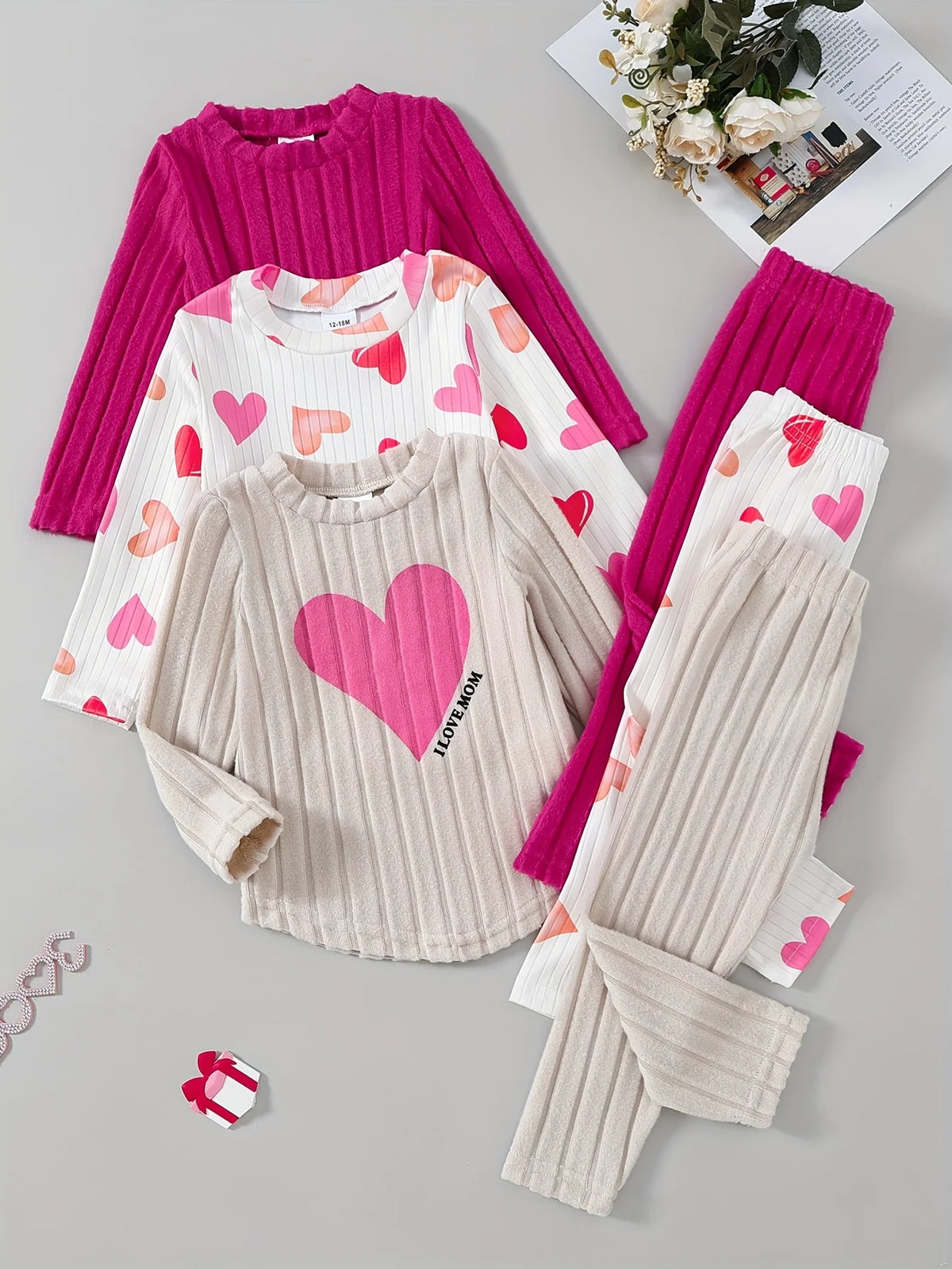 Baby Girl Autumn Winter 3PCS Set Cute Heart Print Ribbed Fab