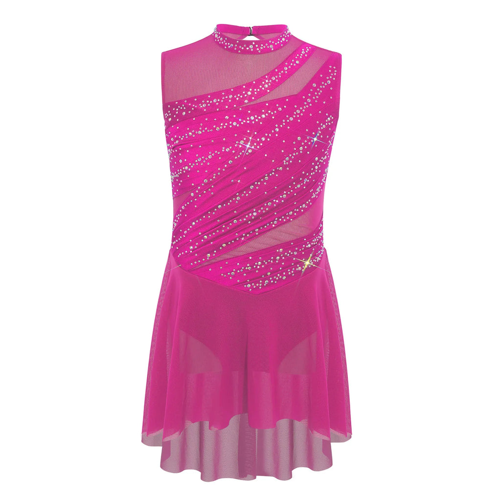 Kids Girls Lyrical Dance Dress Shiny Rhinestone Sleeveless S