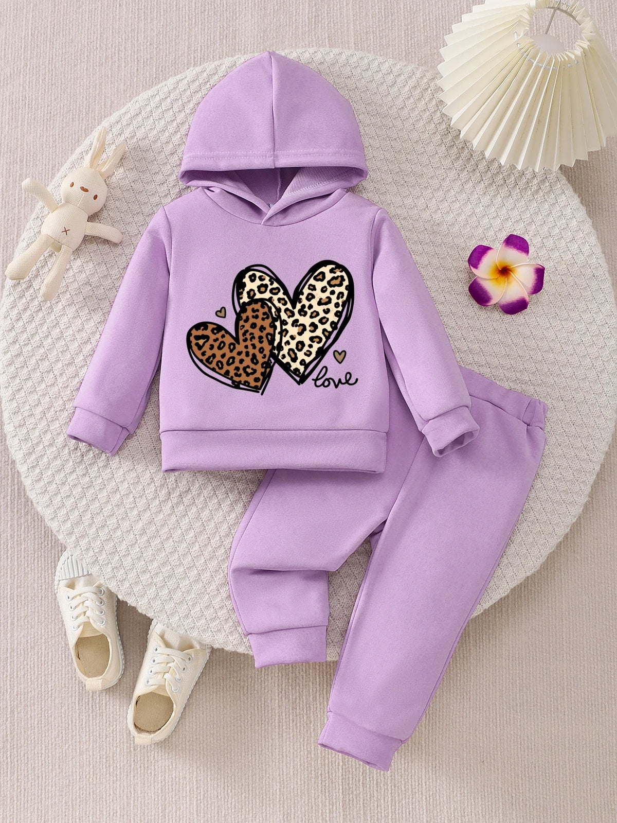 2pcs Spring Fall Baby Girls Outfit Set, Pink Leopard Heart P