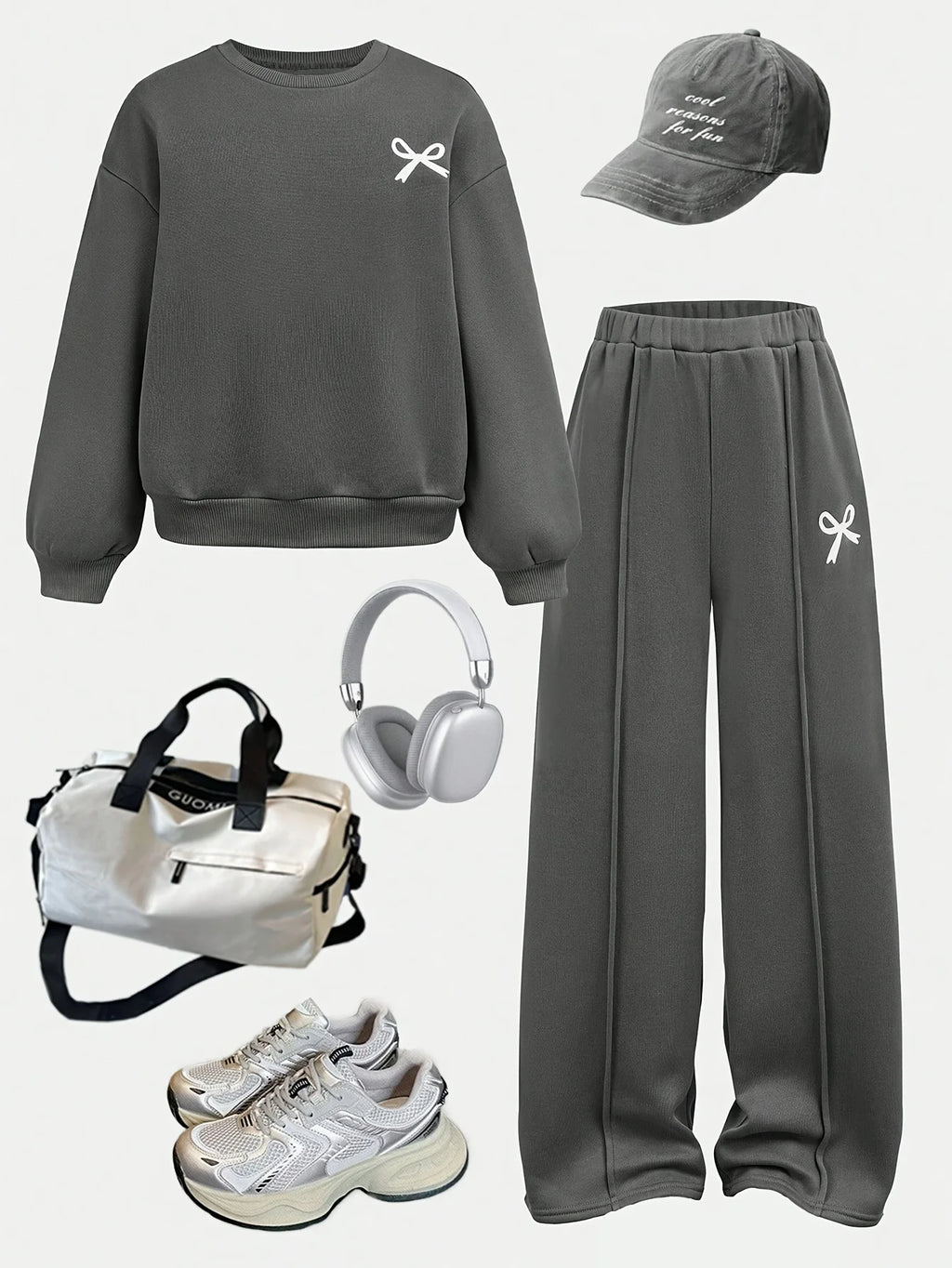 Girls' casual two-piece set: grey bow-accented sweatshirt an