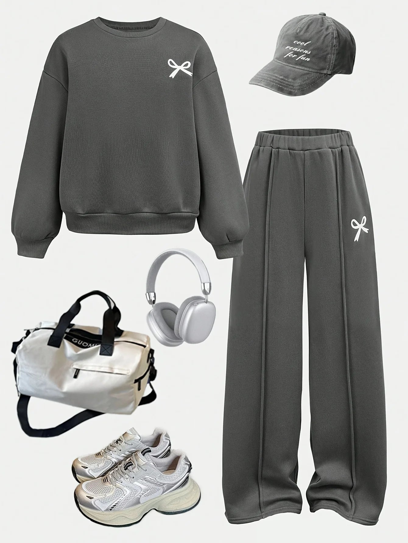 Girls' casual two-piece set: grey bow-accented sweatshirt an
