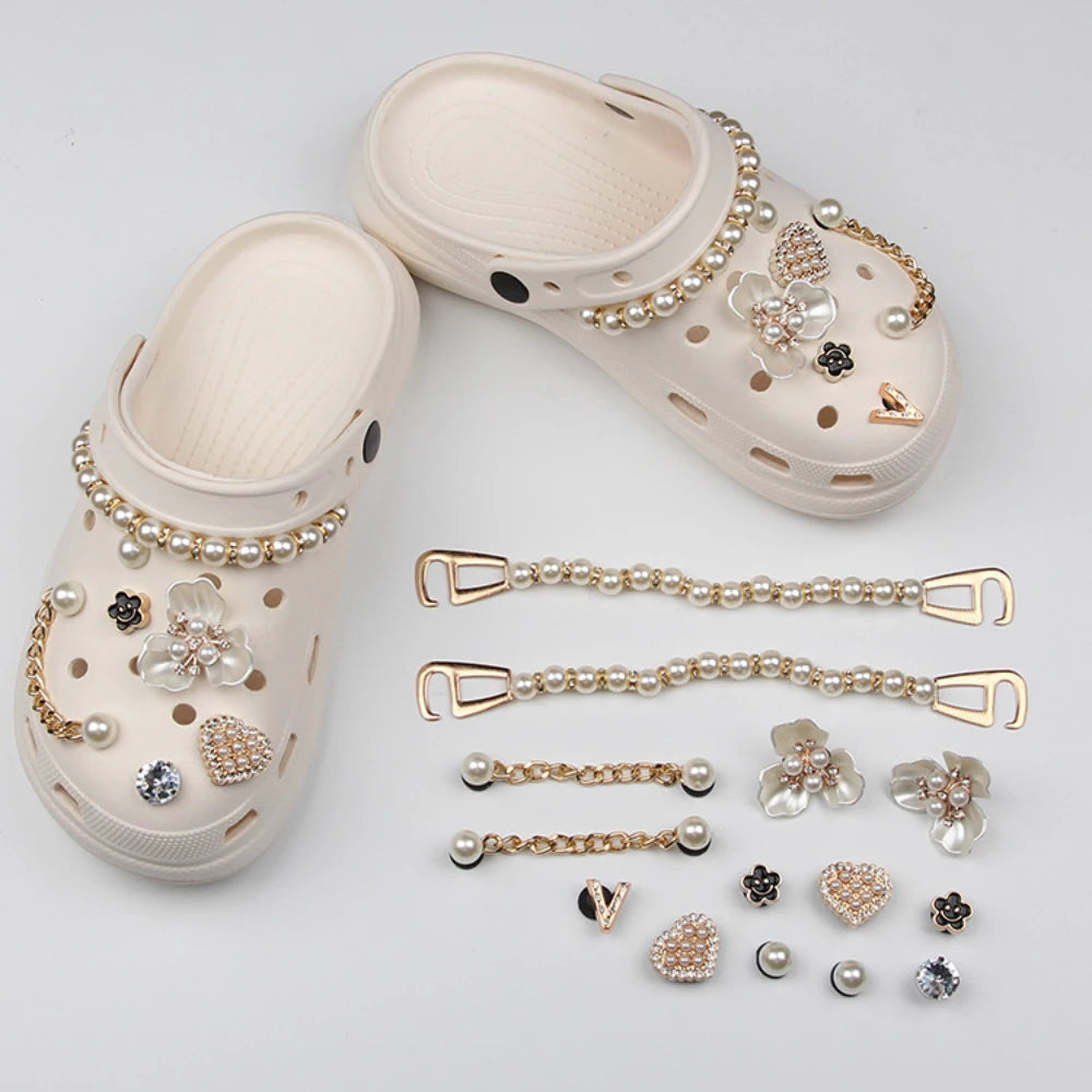 13PCS Summer Shoe Charms DIY Diamond Pearl Chain Gemstone De