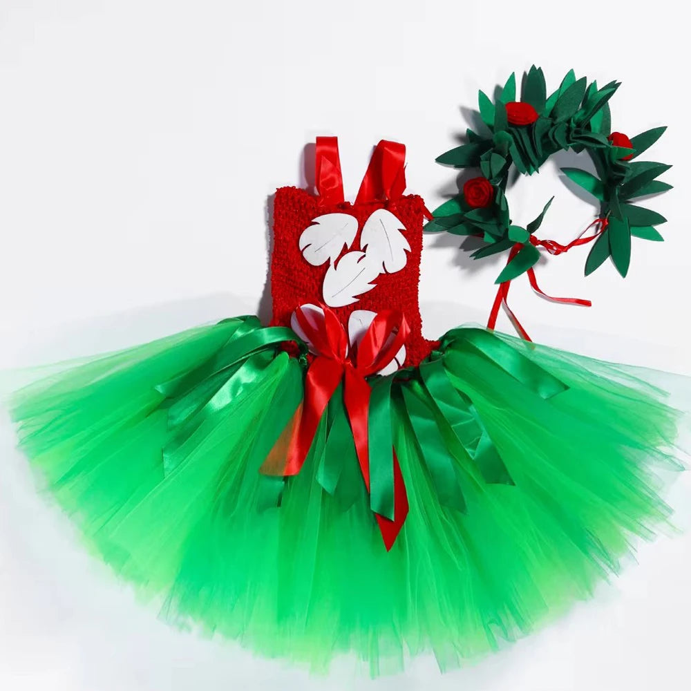 Red Green Hawaiian Girl Dress for Kids Tropical Aloha Style