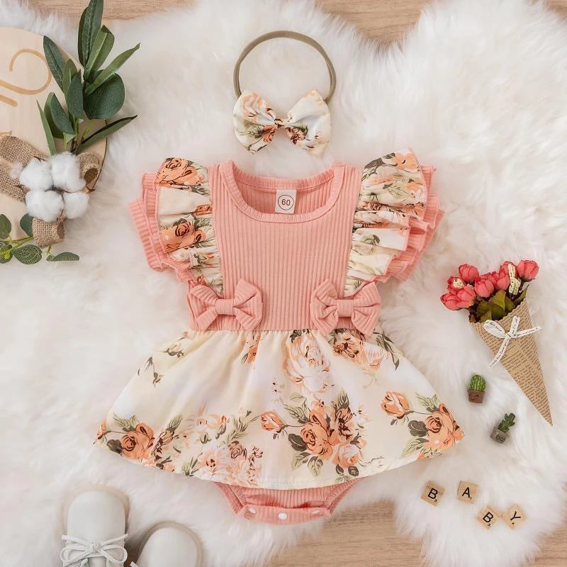 Summer Baby Girl Dress With Bowknot Striped Jumpsuit Cotton