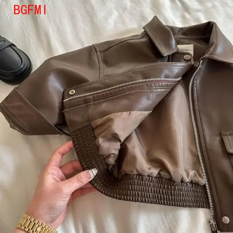 2-10Y Baby Boys Girls Zipper Jackets Brown PU Leather Lapel