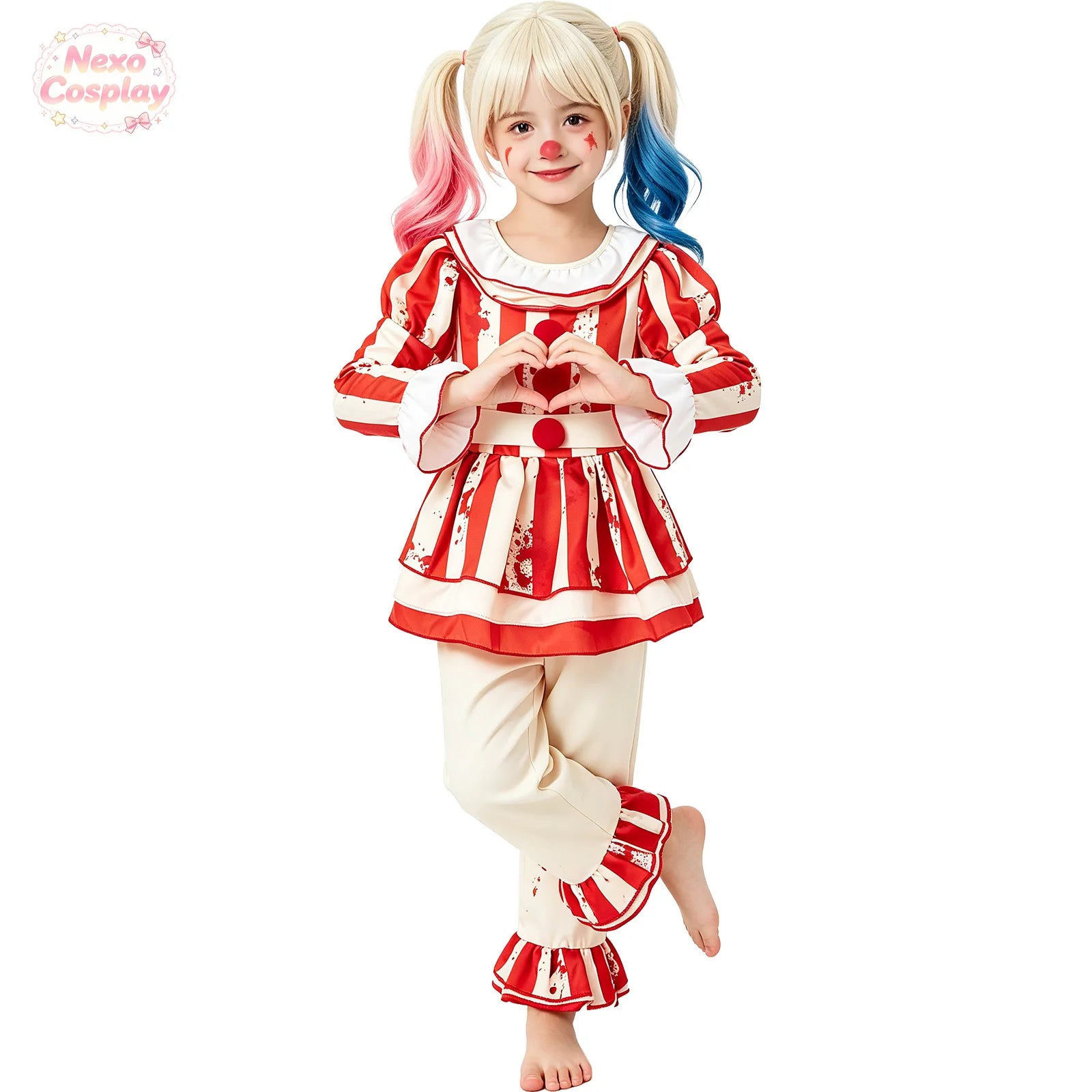 Kids Red White Striped Horror Clown Suit Halloween Cosplay C