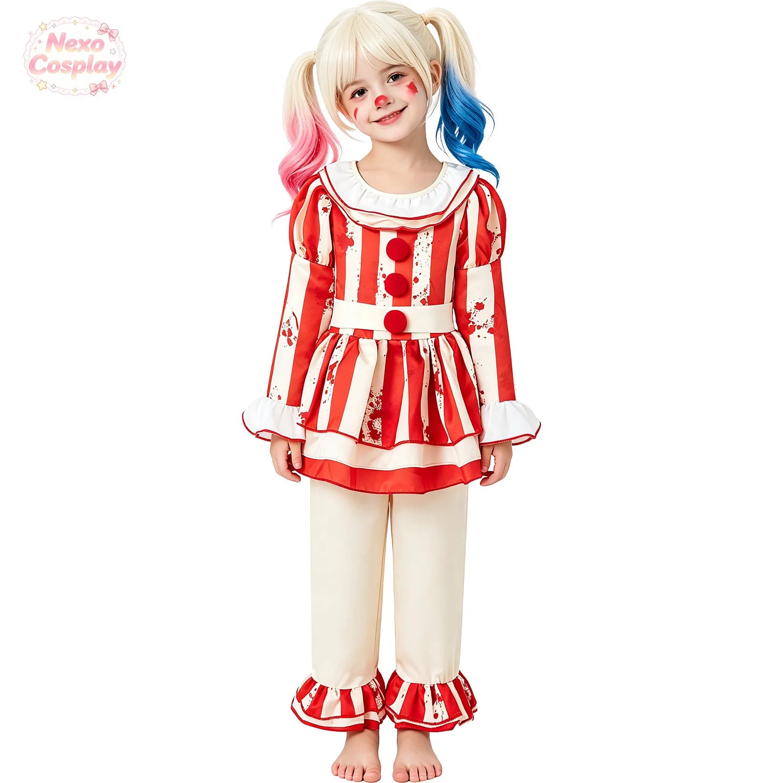 Kids Red White Striped Horror Clown Suit Halloween Cosplay C