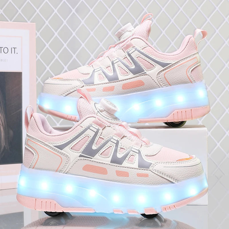 Children Four Wheels Luminous Glowing Sneakers Black Pink Le