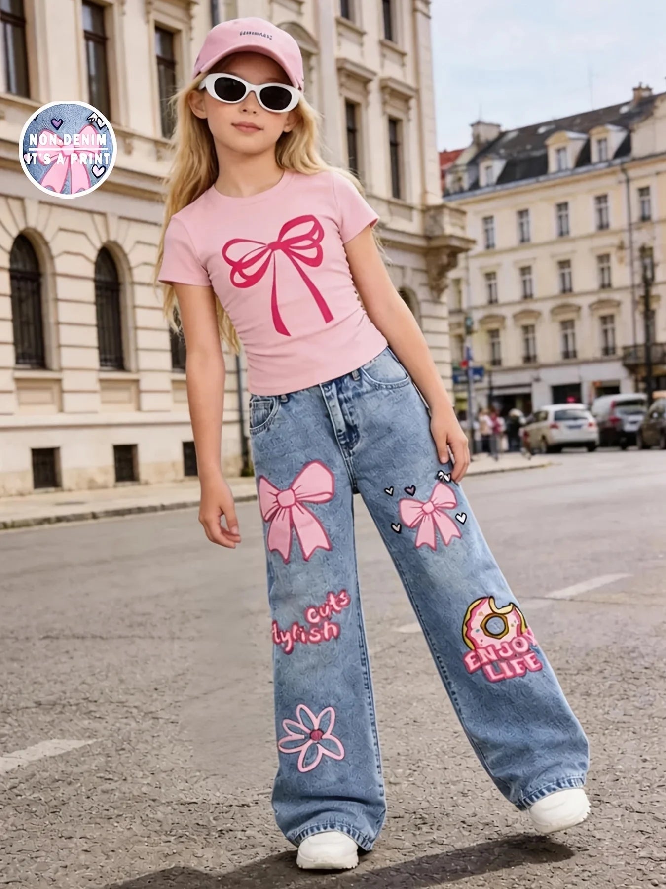 Girls' Y2K Style 2-Piece Set: Pink Bow-Print Slim-Fit Croppe
