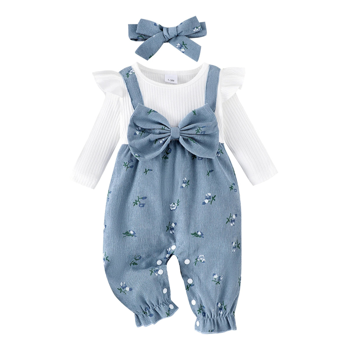 Floral Long Sleeve Baby Romper with Bow Headband
