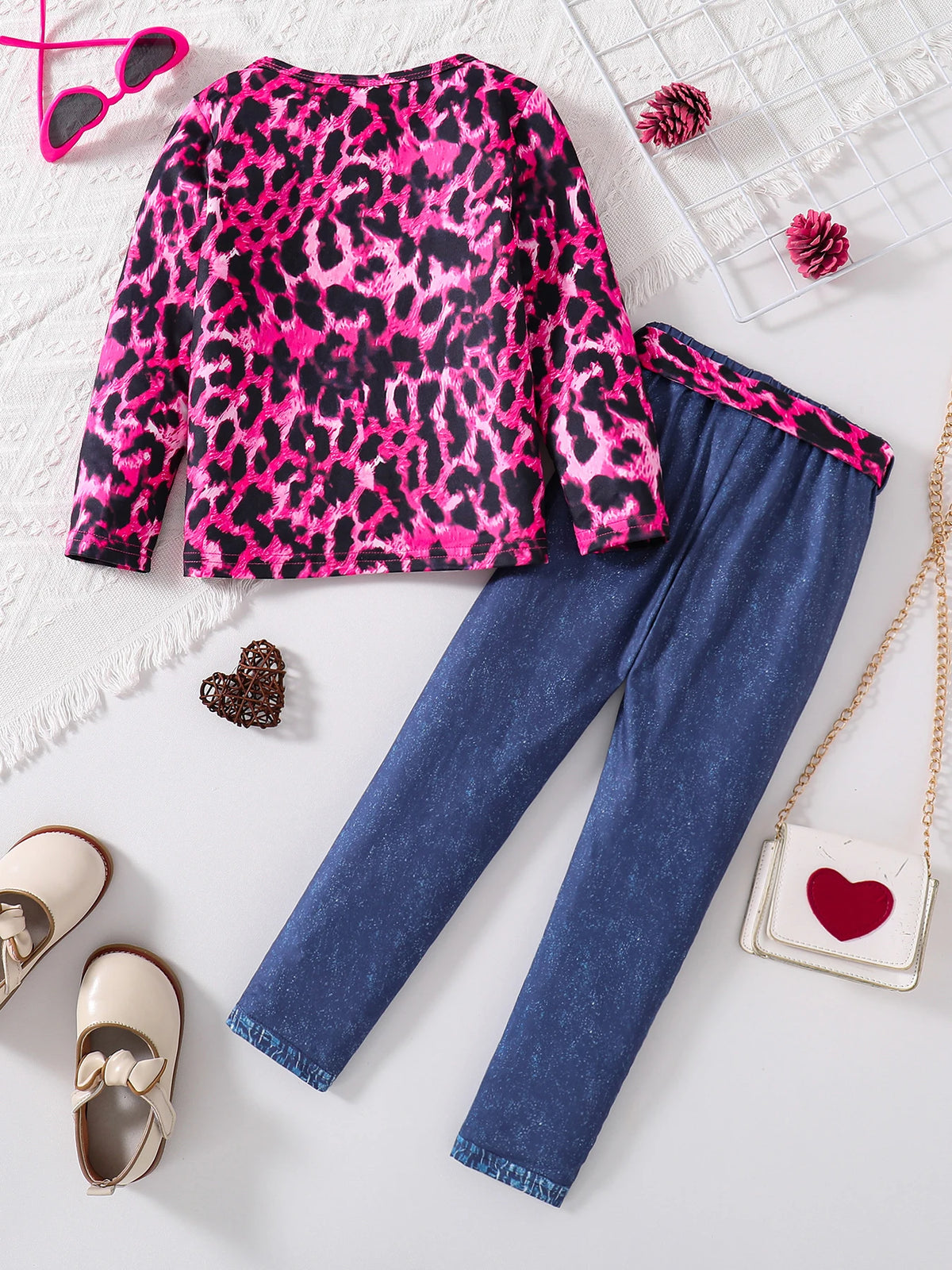 2-Piece Spring and Autumn Girls Set Pink Leopard Print Knit