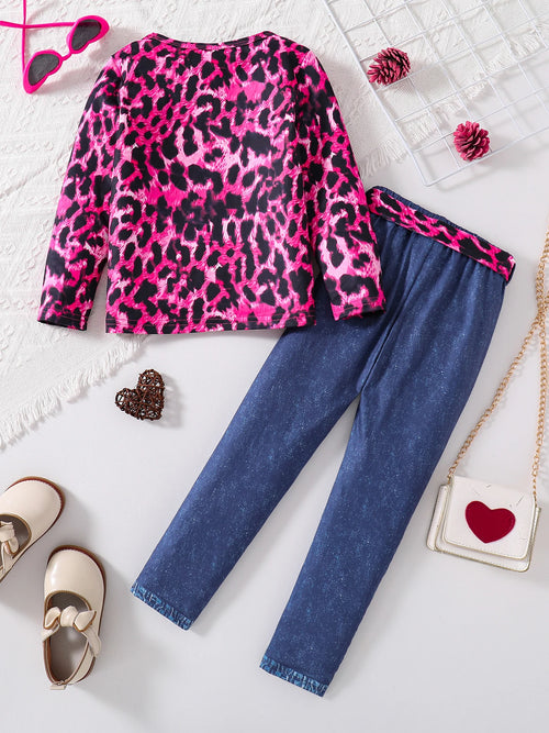 2-Piece Spring and Autumn Girls Set Pink Leopard Print Knit
