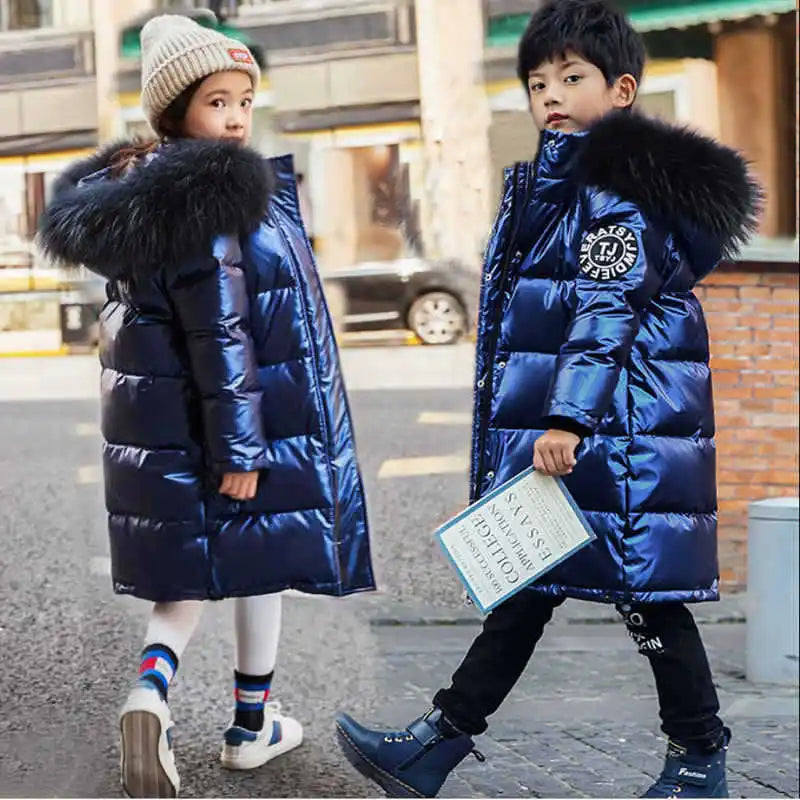5-14 Years Old Winter Boys Girls Jacket Long Style Hooded Fu