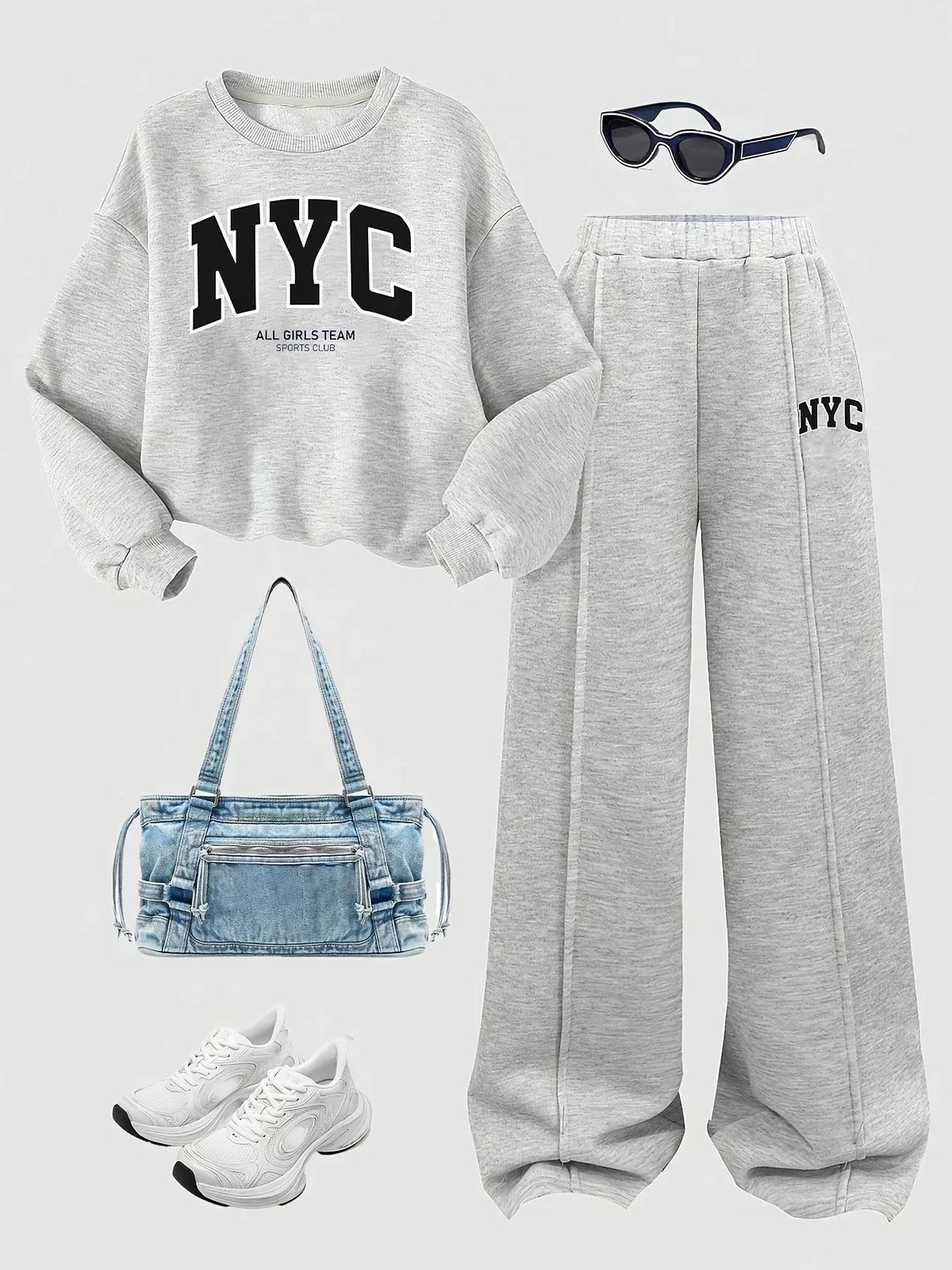 Girls 2Pcs Outfit NYC Letter Print Crew Neck Sweatshirt & Wi
