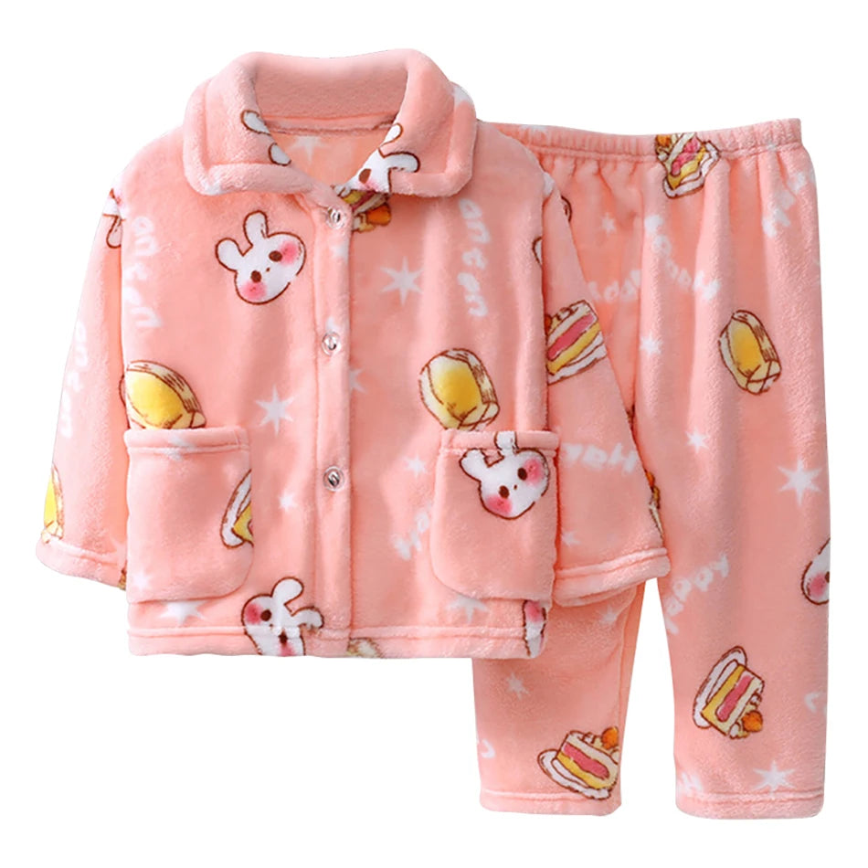 Cute Cartoon Pattern Coral Fleece Flannel Pajama Sets for Bo