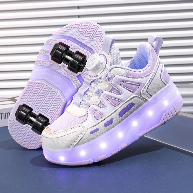 Children Four Wheels Luminous Glowing Sneakers Black Pink Le