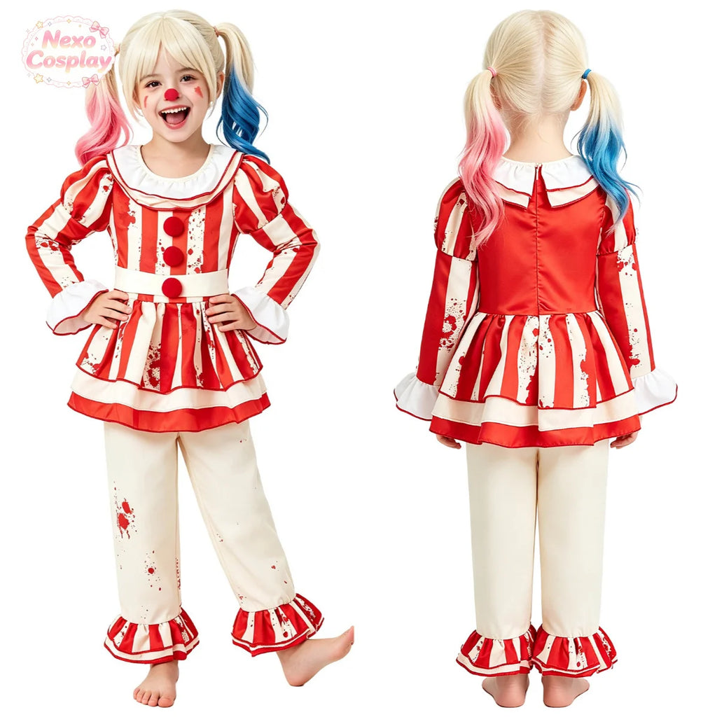 Kids Red White Striped Horror Clown Suit Halloween Cosplay C