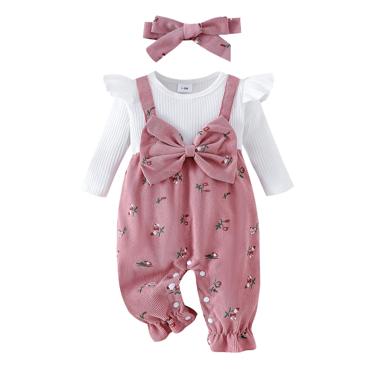 Floral Long Sleeve Baby Romper with Bow Headband