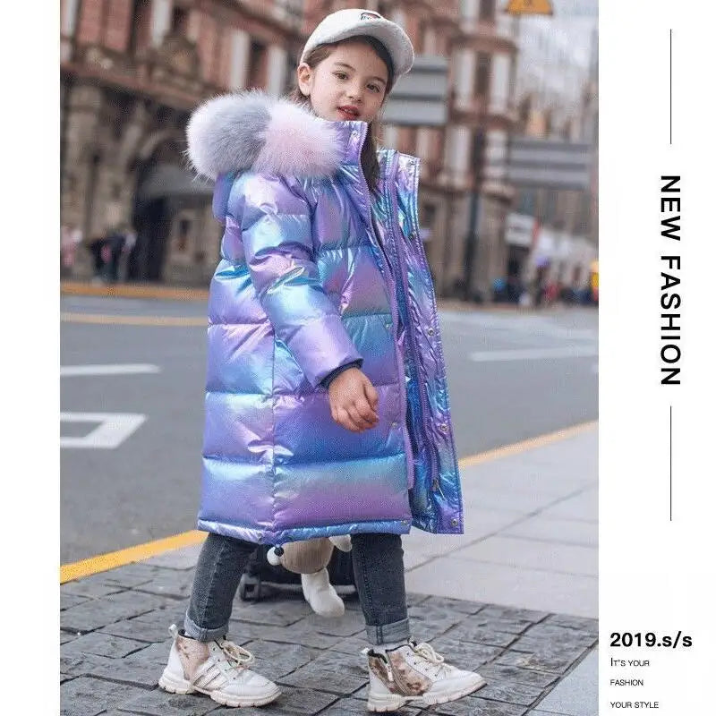 5-14 Years Old Winter Boys Girls Jacket Long Style Hooded Fu