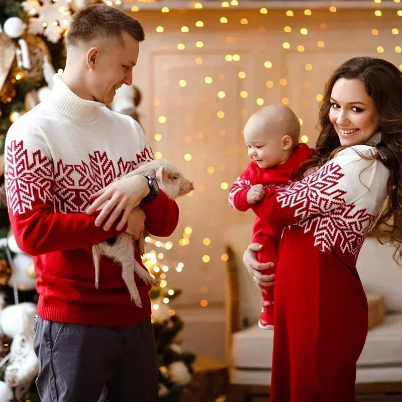 Christmas Matching Sweaters Snowflake Print Mom Dress Dad Ki