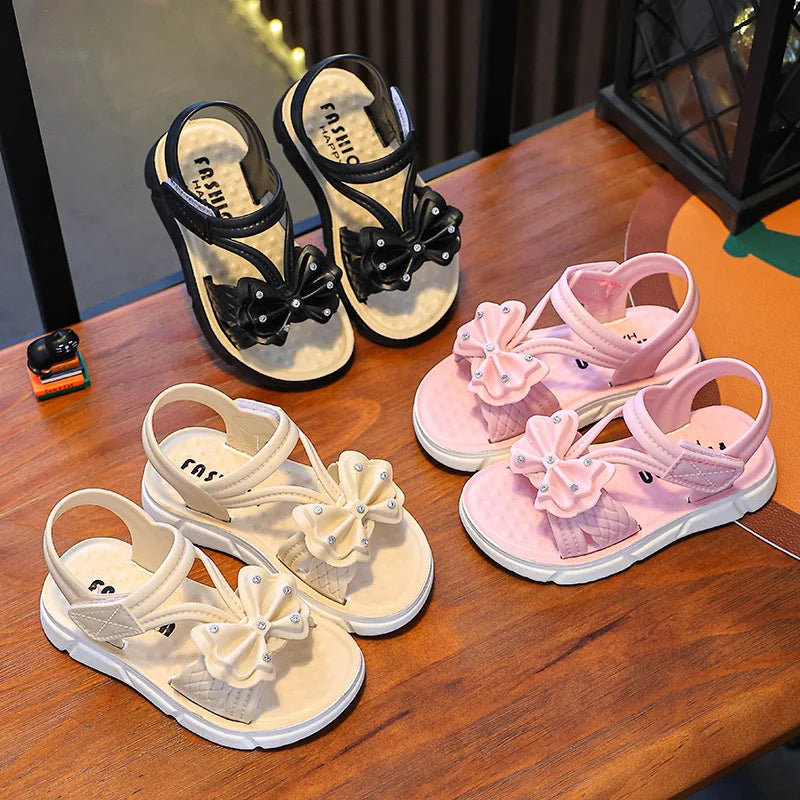 Summer Bow Pearl Ornament Flat Sandals For Girls Aged 1-7 Ch