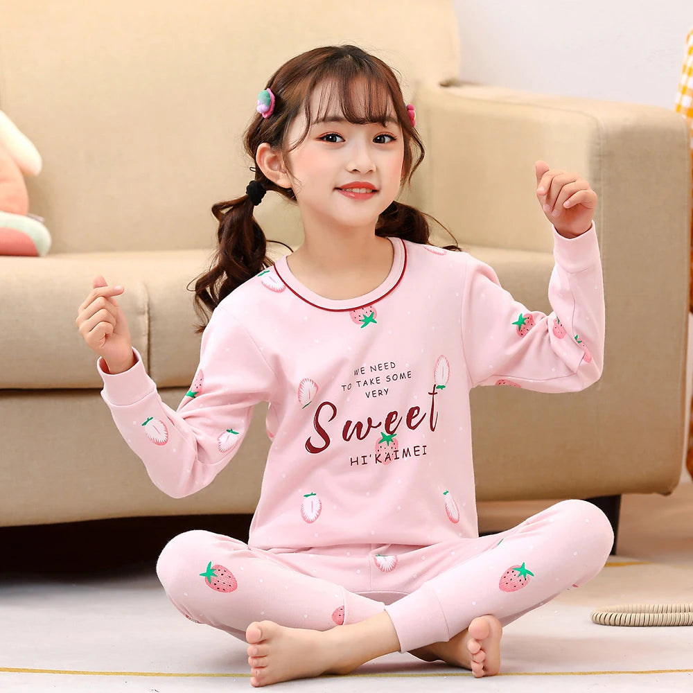 100% Cotton Pajamas Kids Girl Winter Pink Cat Teenager Girls