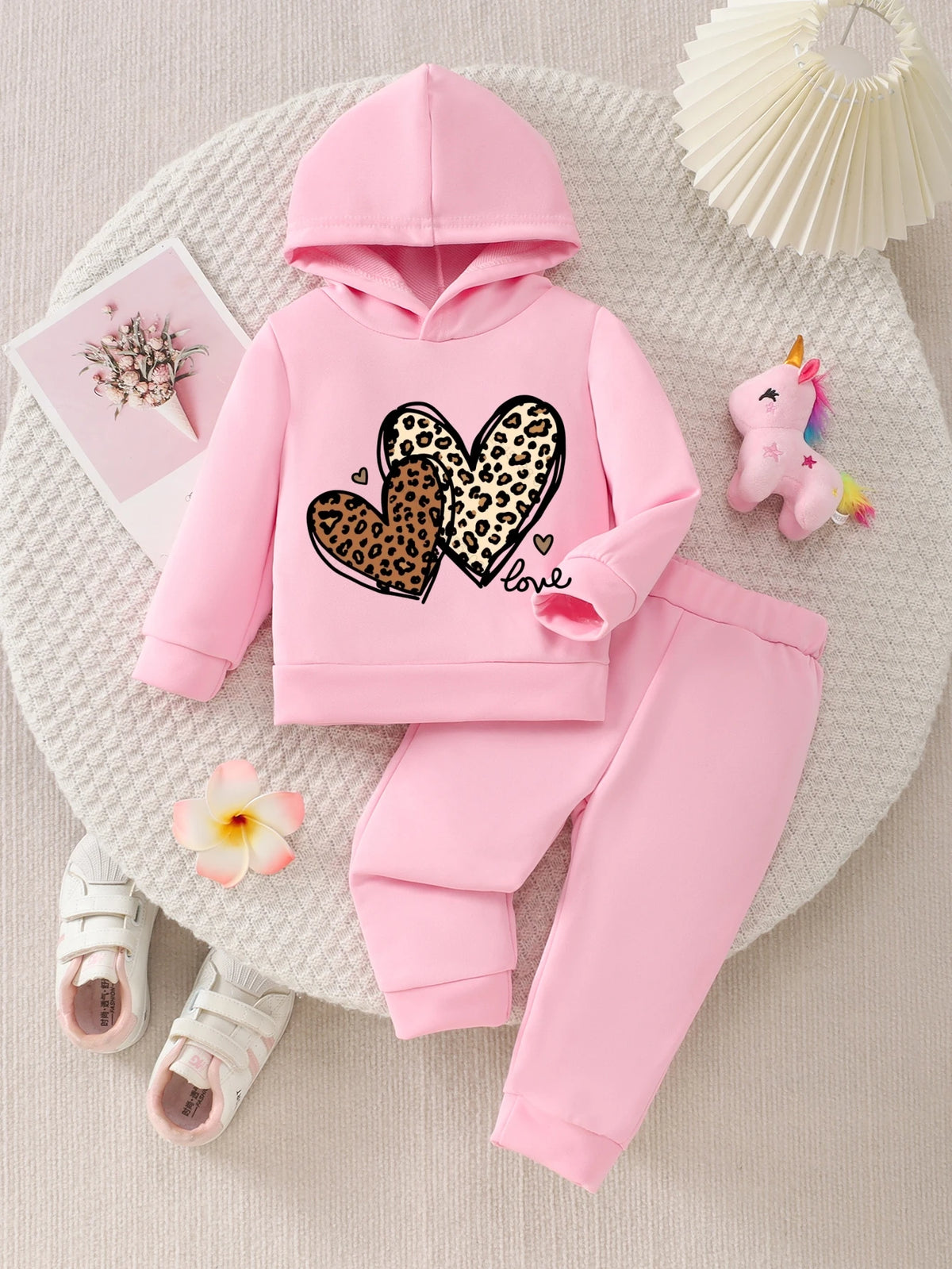 2pcs Spring Fall Baby Girls Outfit Set, Pink Leopard Heart P