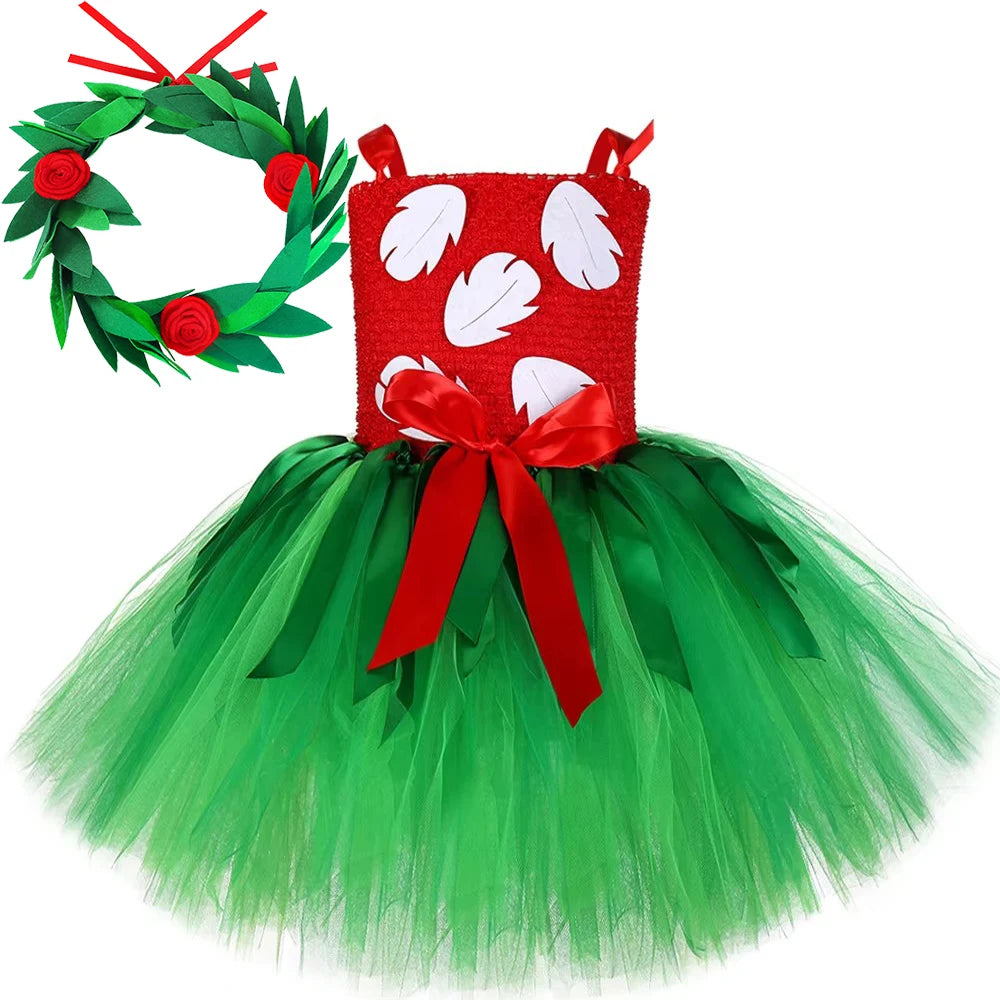 Red Green Hawaiian Girl Dress for Kids Tropical Aloha Style