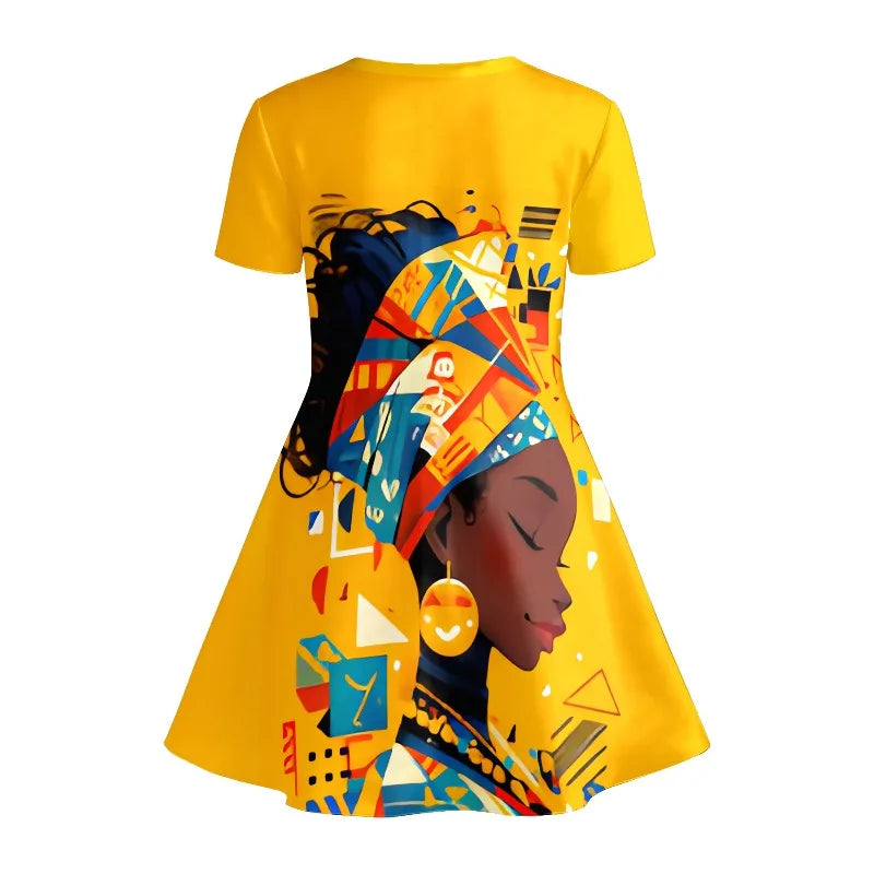 Girl's African Art Printed T-shirt Dress, Yellow Ethnic Styl