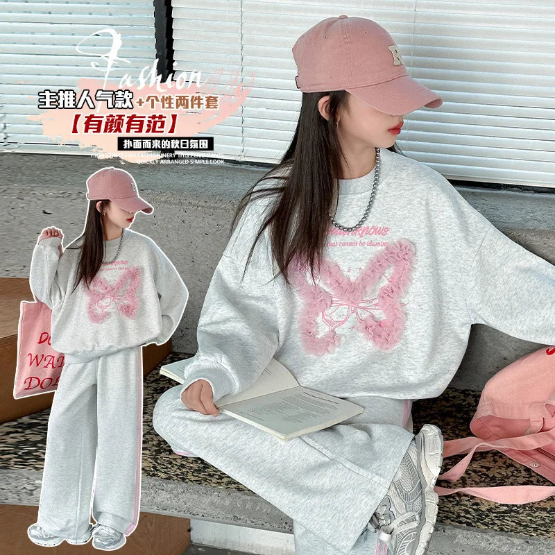 Spring Autumn Teen Girls Clothing Set Letter Print Lace Bow