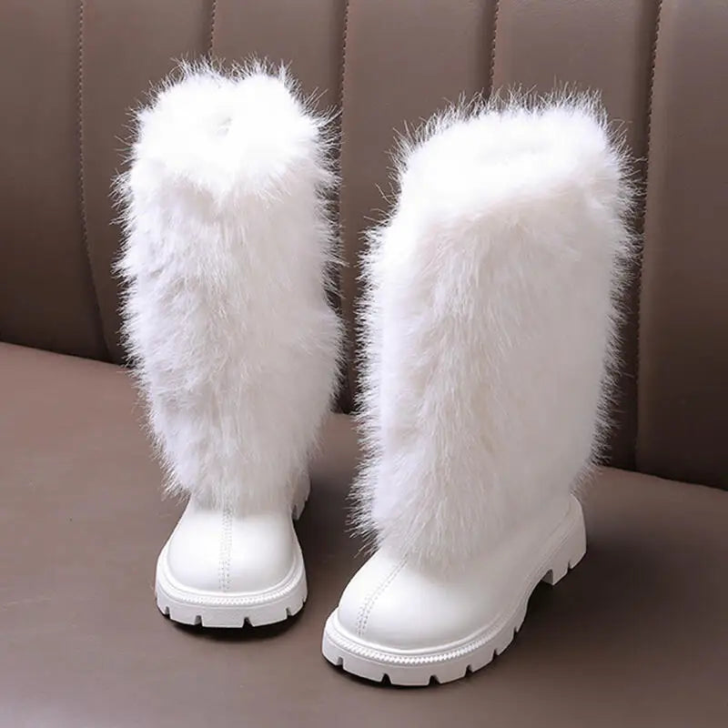 Luxury Fluffy Fur Girl Knee High Boots Winter 2026 Comfort N
