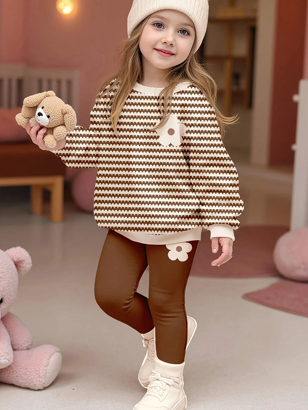 Trendy Girls 2Pcs Co-Ord, Wave Striped 3D Flower Decor Crew