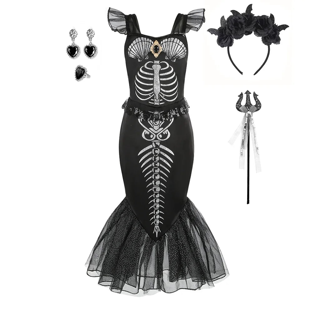 Gothic Mermaid Skeleton Dress – Ages 2–10