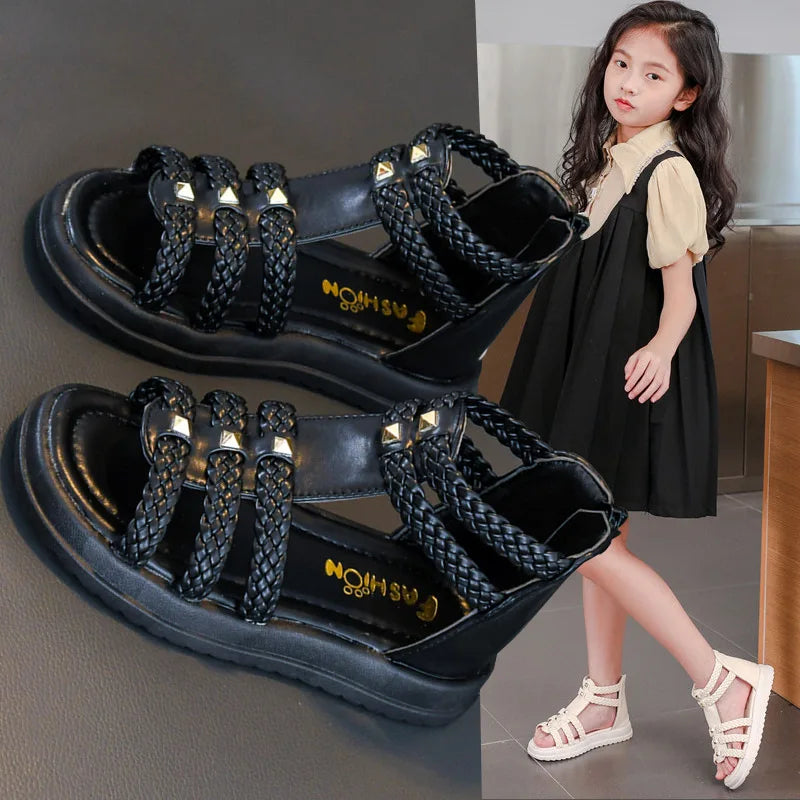 Girls Roman Sandals Open Toe Braided Solid Color High-top Si